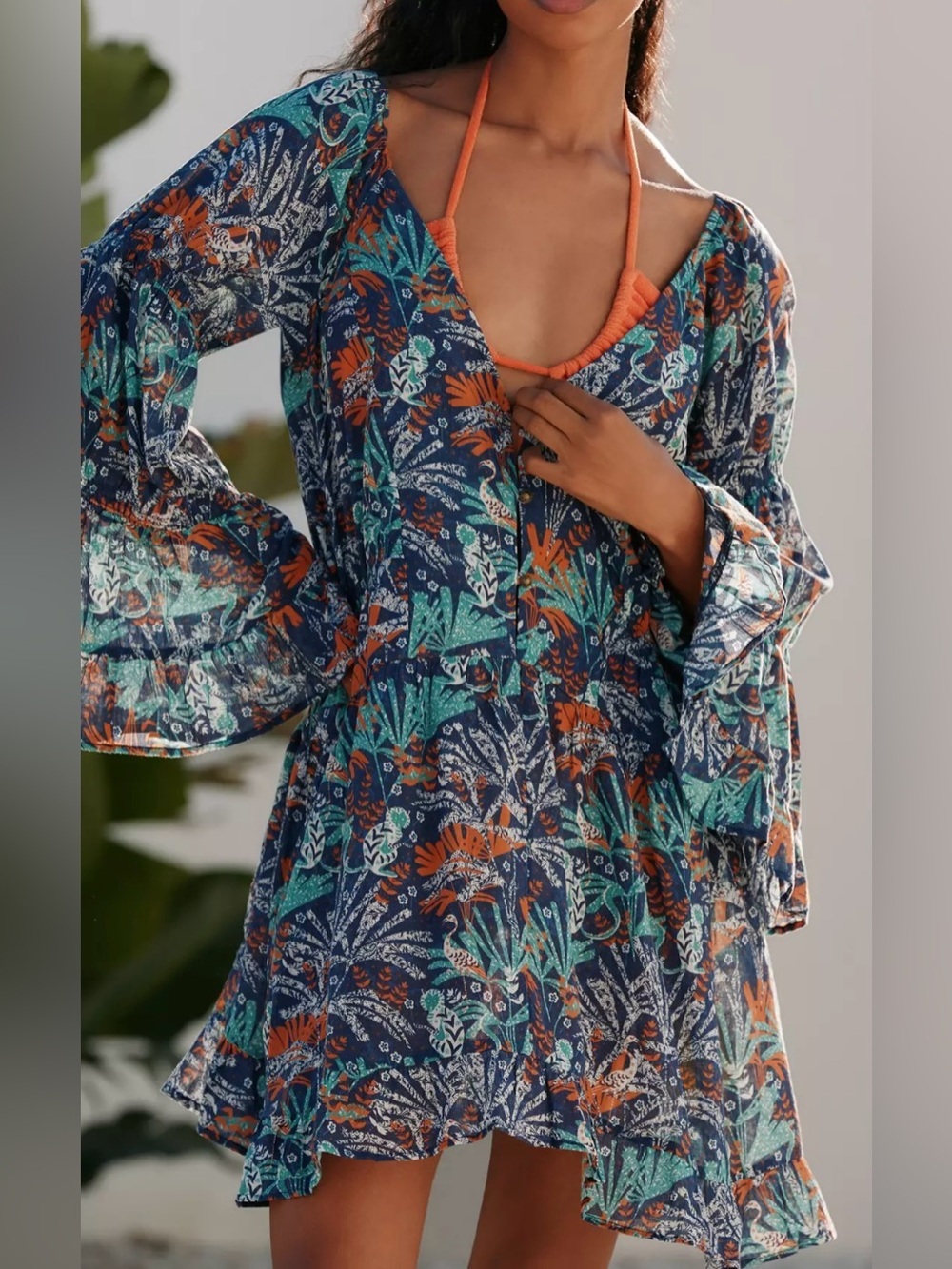 Celandine by Anthropologie Blue and Orange Patterned Cover Up - Size S NWT